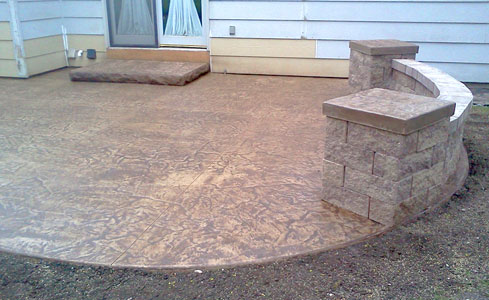 Stamped Concrete Patio with Steps, Wall, and Pillars